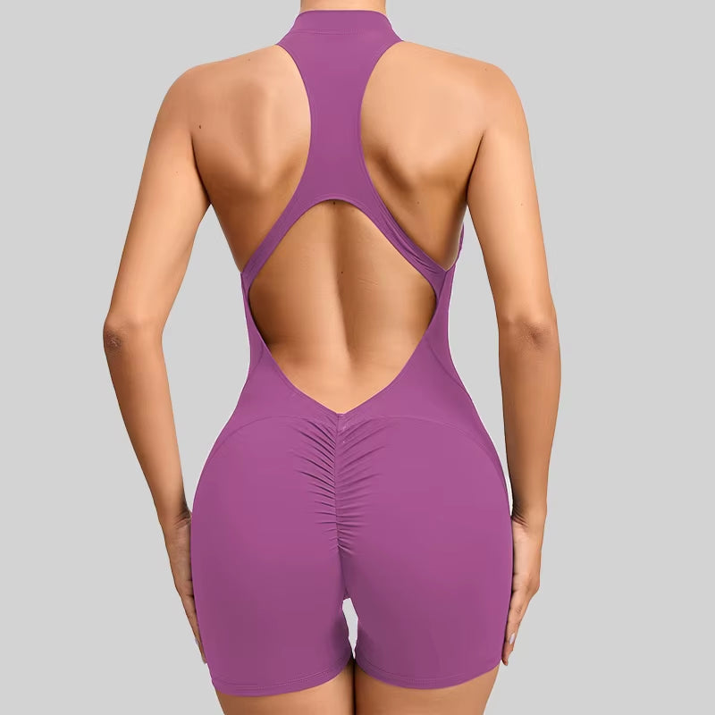 Women's V-Back Scrunch Jumpsuit – Sleeveless Zipper Gym Bodysuit