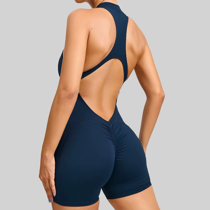 Women's V-Back Scrunch Jumpsuit – Sleeveless Zipper Gym Bodysuit
