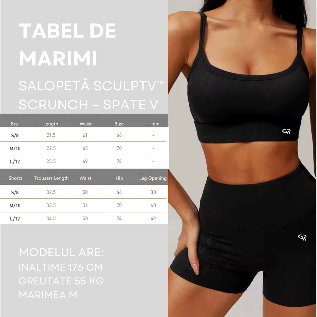Woman wearing black sports bra and shorts with a measurement chart on the side.