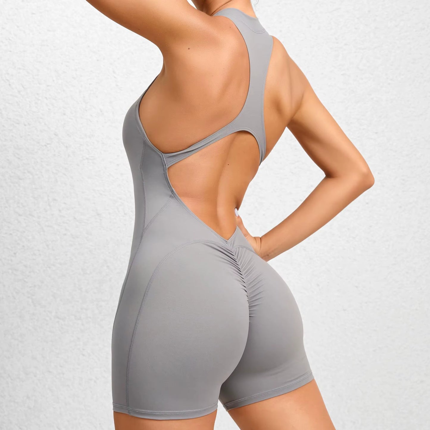 Women's V-Back Scrunch Jumpsuit – Sleeveless Zipper Gym Bodysuit