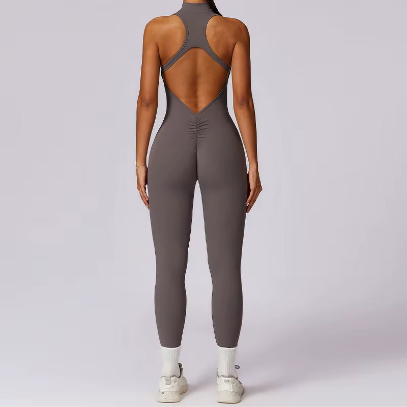 Women's V-Back One-Piece Jumpsuit – Sleeveless Zipper Yoga Bodysuit