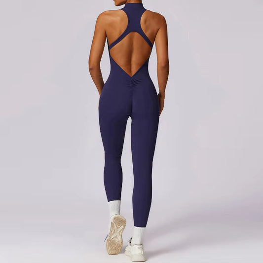 Women's V-Back One-Piece Jumpsuit – Sleeveless Zipper Yoga Bodysuit