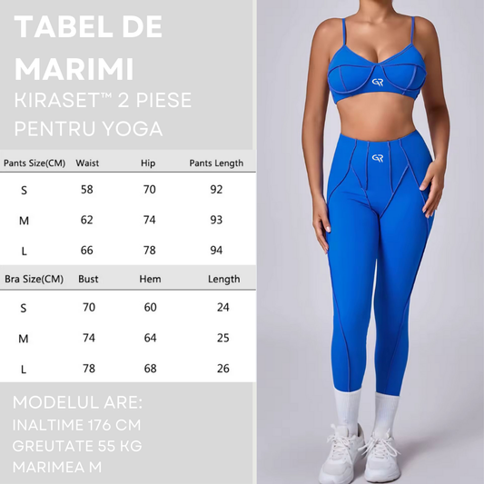 Blue yoga set with size chart on a gray background