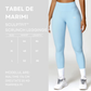 Light blue leggings worn by a model with size chart on the left sizing chart for it
