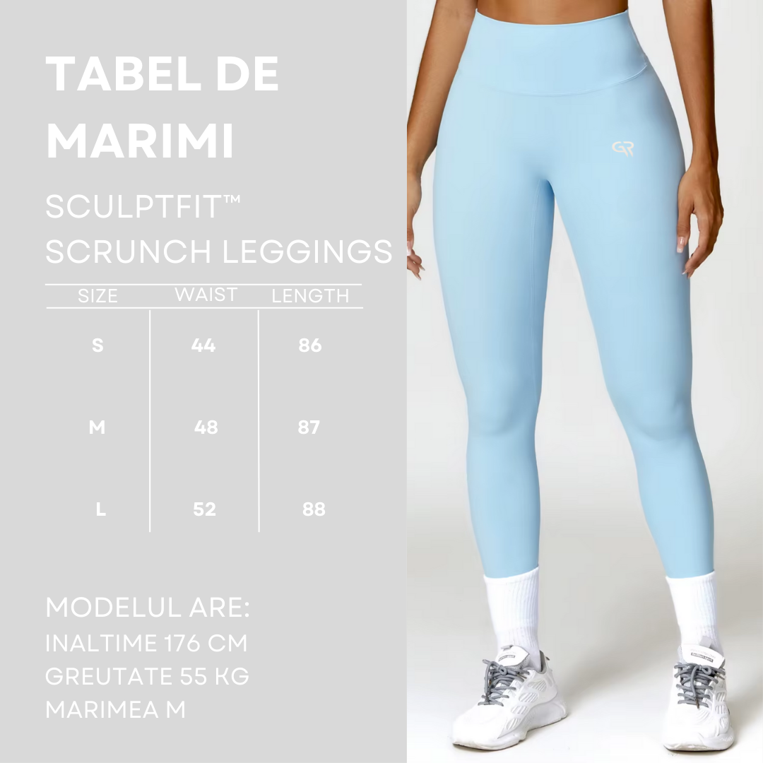 Light blue leggings worn by a model with size chart on the left sizing chart for it