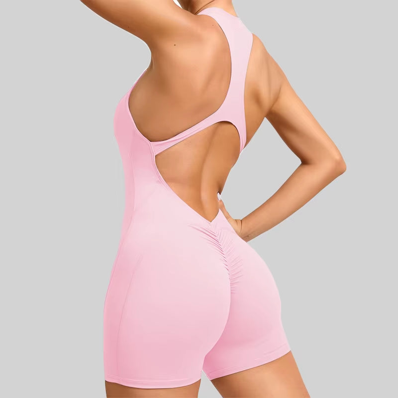 Women's V-Back Scrunch Jumpsuit – Sleeveless Zipper Gym Bodysuit