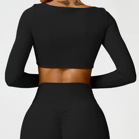 Women's Quick-Dry Long Sleeve Gym Crop Top – Square Neck Sportswear