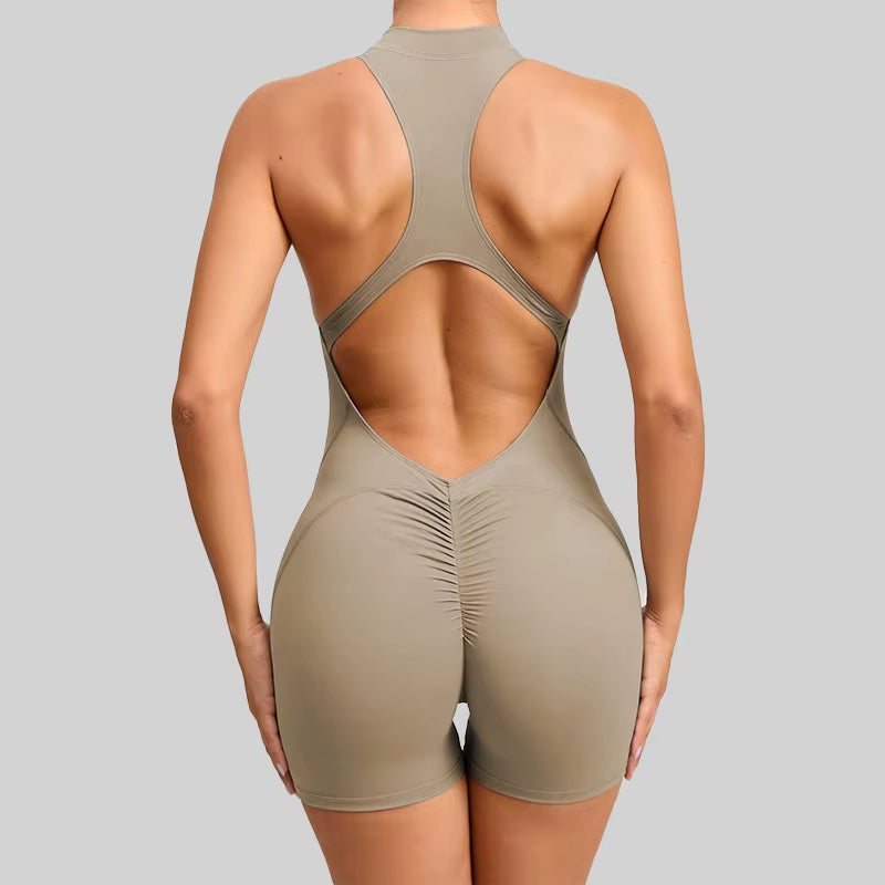 Women's V-Back Scrunch Jumpsuit – Sleeveless Zipper Gym Bodysuit